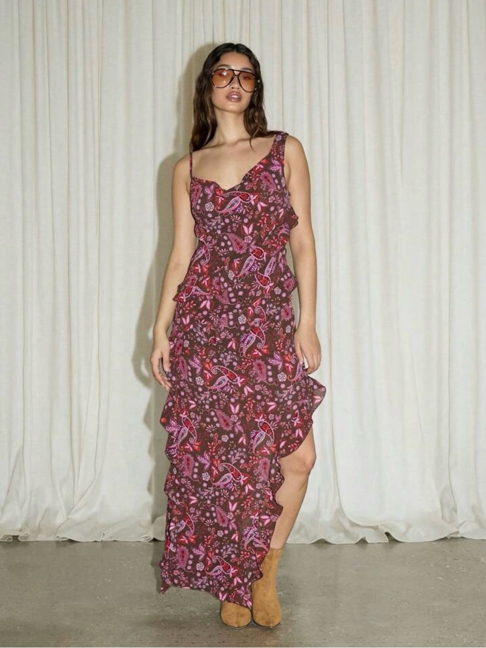 AiiRZ Boho Paisley Print Asymmetrical Hem Ruffle Detail Maxi Dress - Size XS